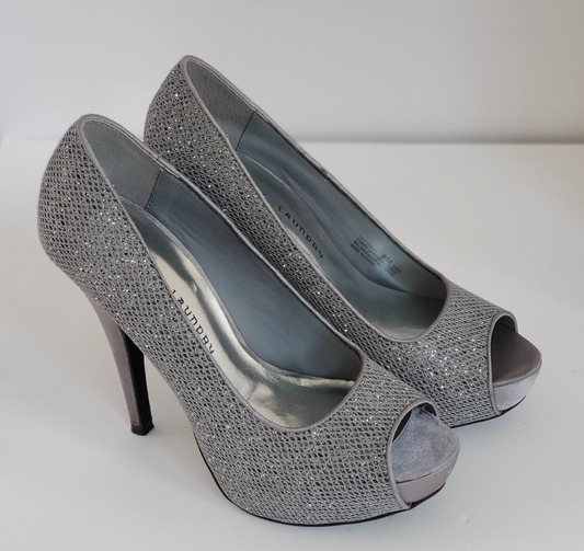 New - Excellent Condition Size 8M Grey Sparkle Upper Satin 5” Heels Leather Soles Open Toe