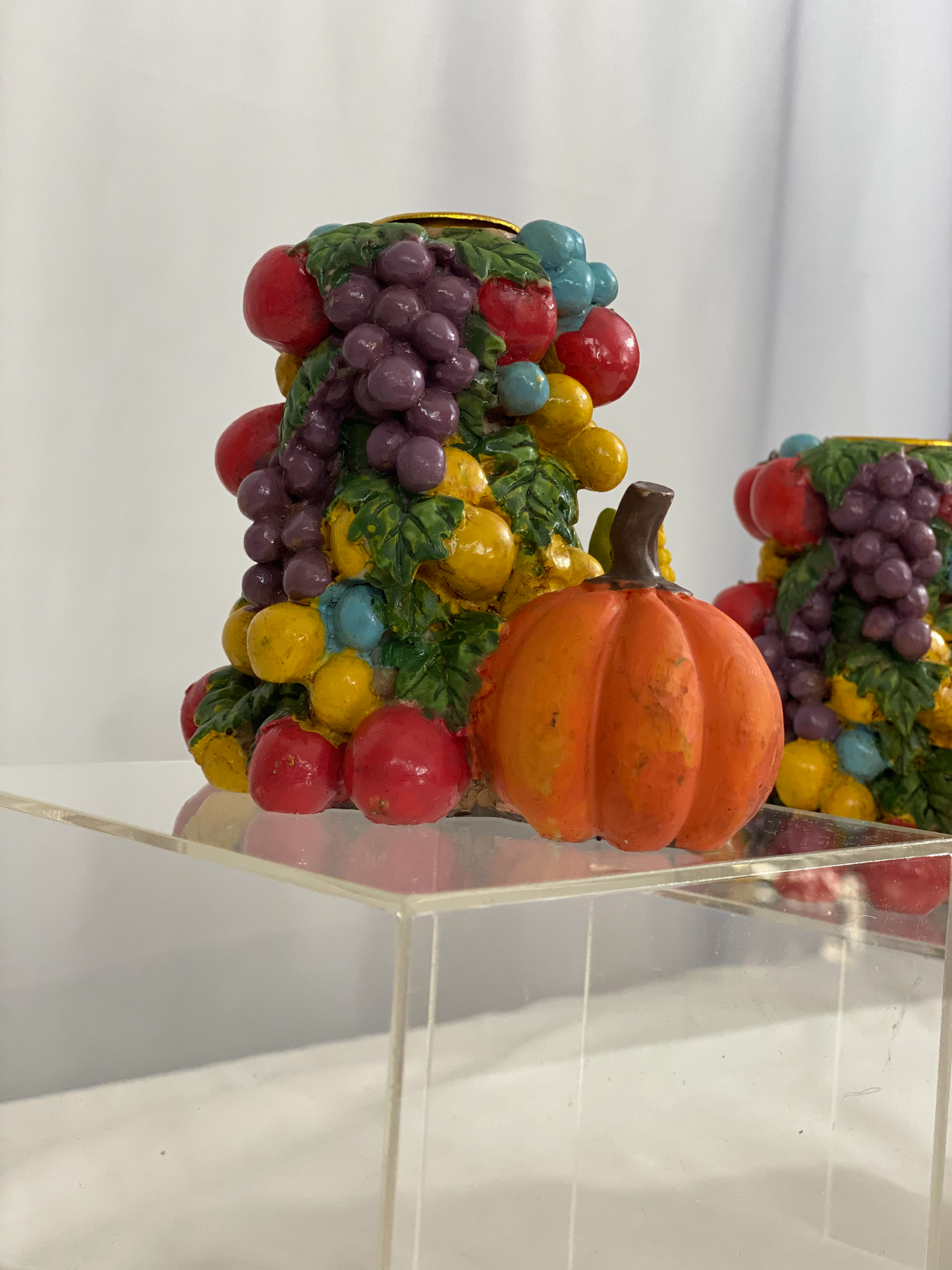 3-Piece Candlestick Holder Set Fruit & Vegetable Design Stoneware Approx 4 ½” L x 4” H