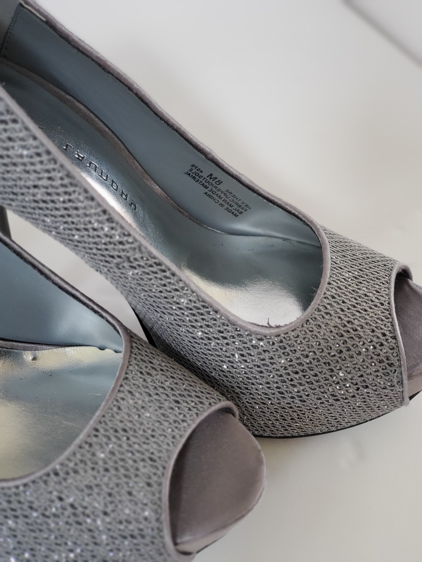 New - Excellent Condition Size 8M Grey Sparkle Upper Satin 5” Heels Leather Soles Open Toe