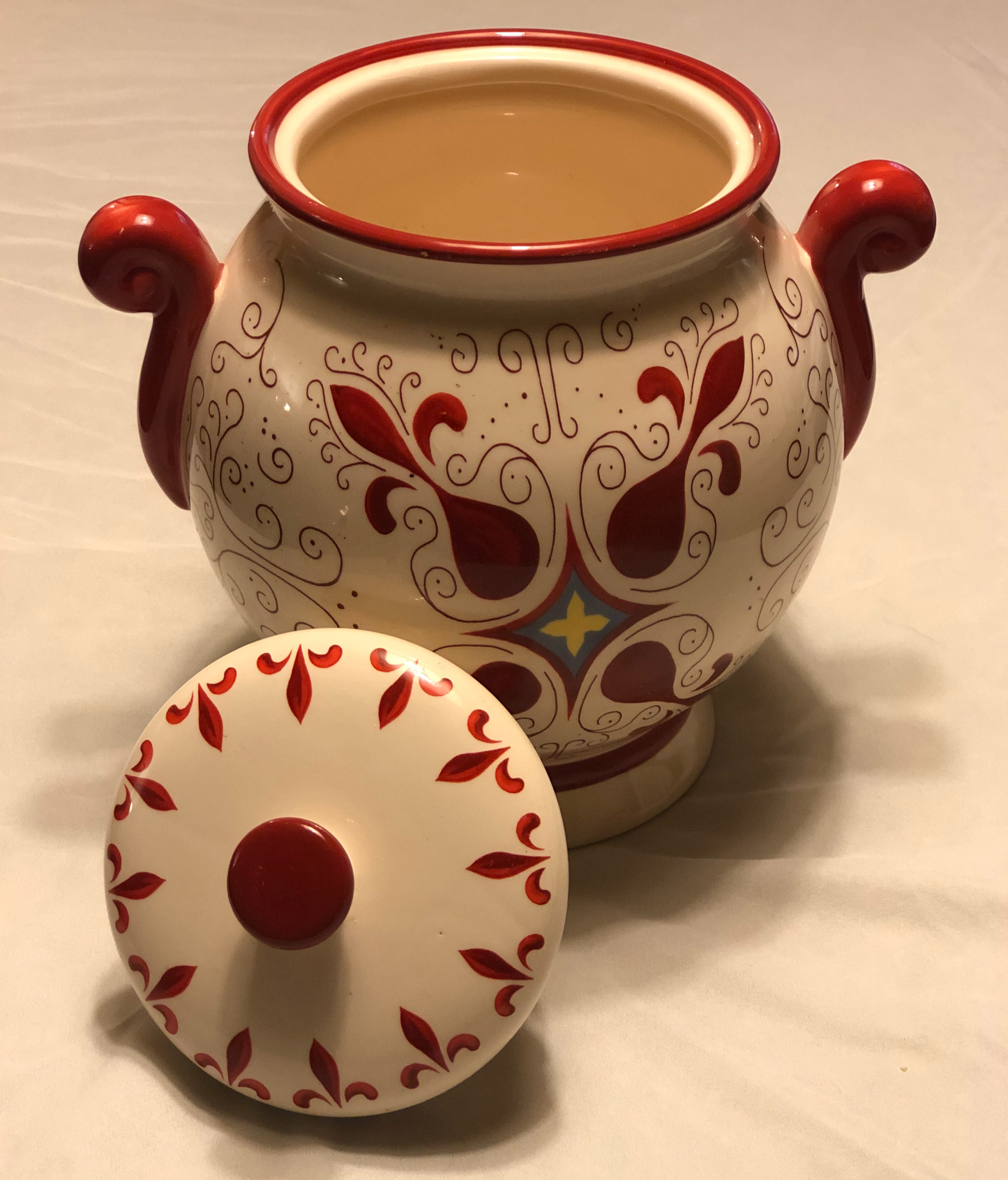 Decorative Red and White Colors Approximately 9” High Fleur de Lis Design Two (2) Side Handles Round Shape with Lid