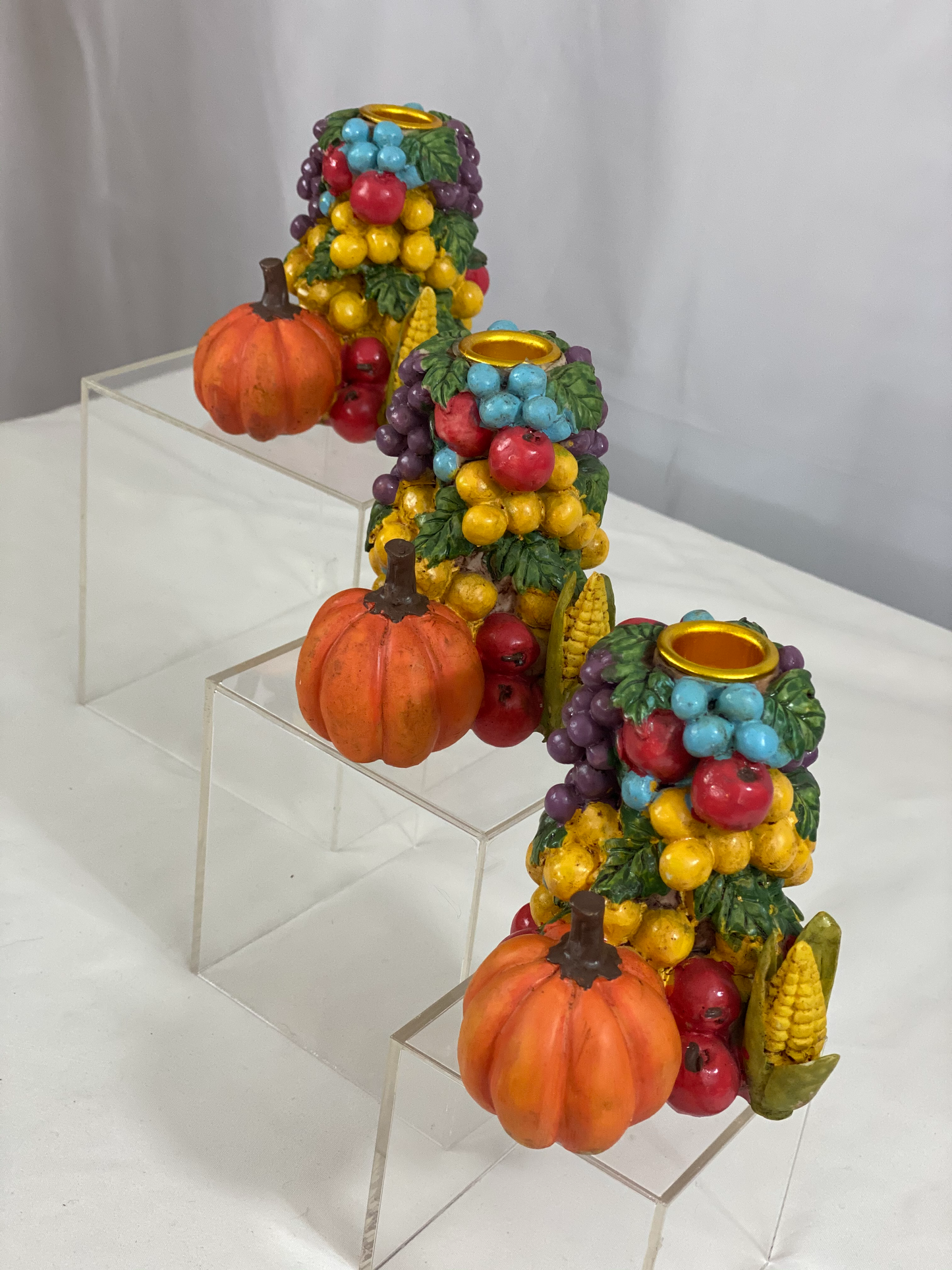 3-Piece Candlestick Holder Set Fruit & Vegetable Design Stoneware Approx 4 ½” L x 4” H