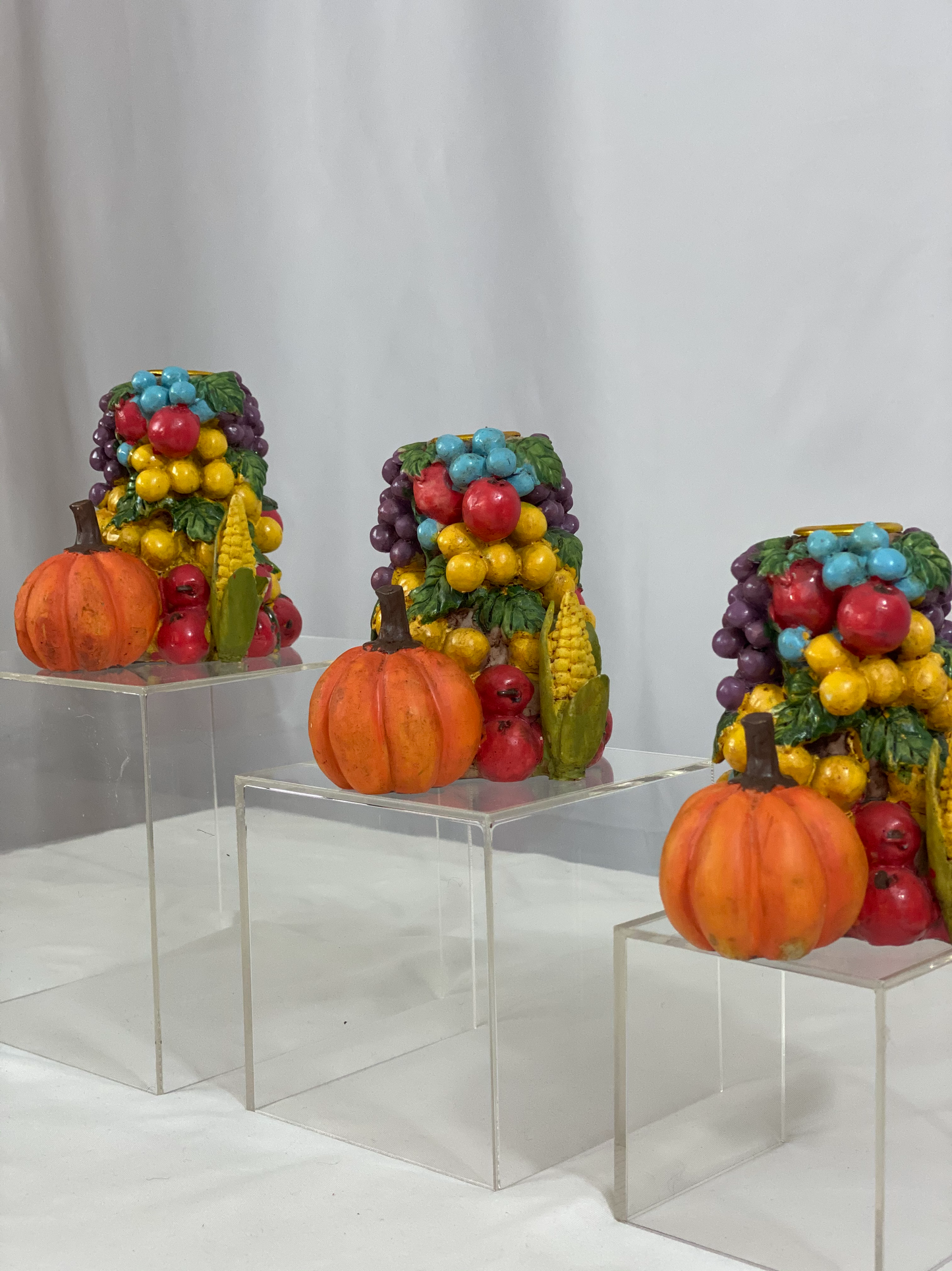 3-Piece Candlestick Holder Set Fruit & Vegetable Design Stoneware Approx 4 ½” L x 4” H