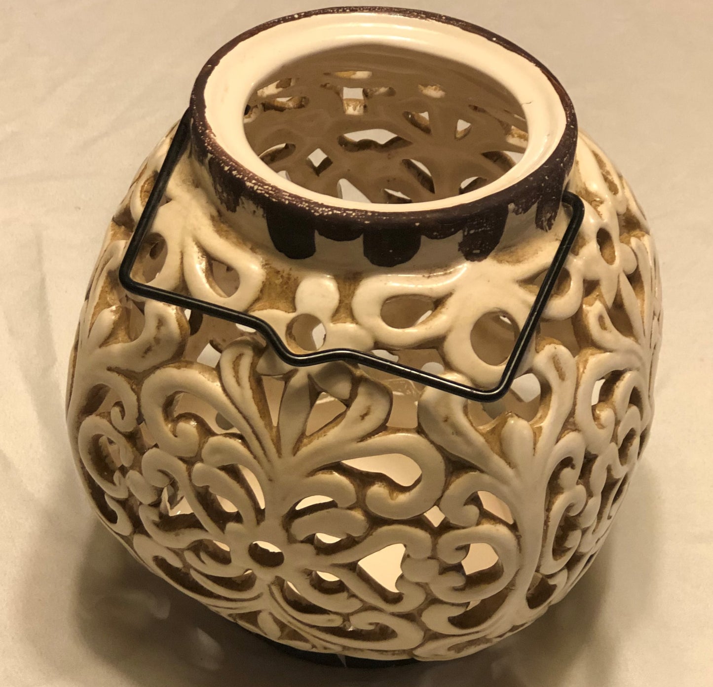 Ceramic Candle Holder with Wire Handle Swirl/Intricate Design Cream Color Approx: 6.5” H x 5” W
