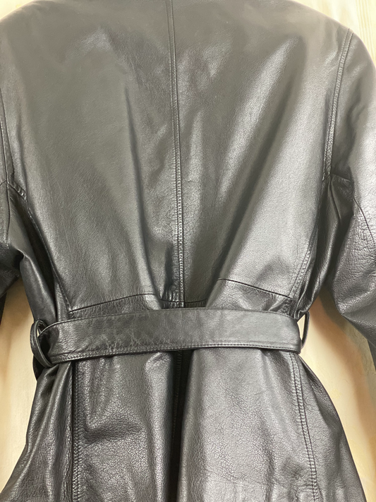 Pre-Owned - Excellent Condition Soft-Leather Coat Size Large Two (2) Button & Belt Front Closure Removable Lining Two (2) Front/Side Pockets 25” Shoulder to Bottom; 23” Sleeve; 22” Across Chest