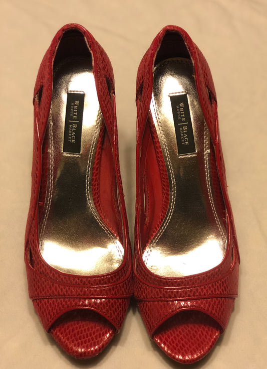 White House/Black Market Red Heels Cut-Out Design on Sides Leather Soles - Slight Wear on Soles Approx 4” Heels Open Toe