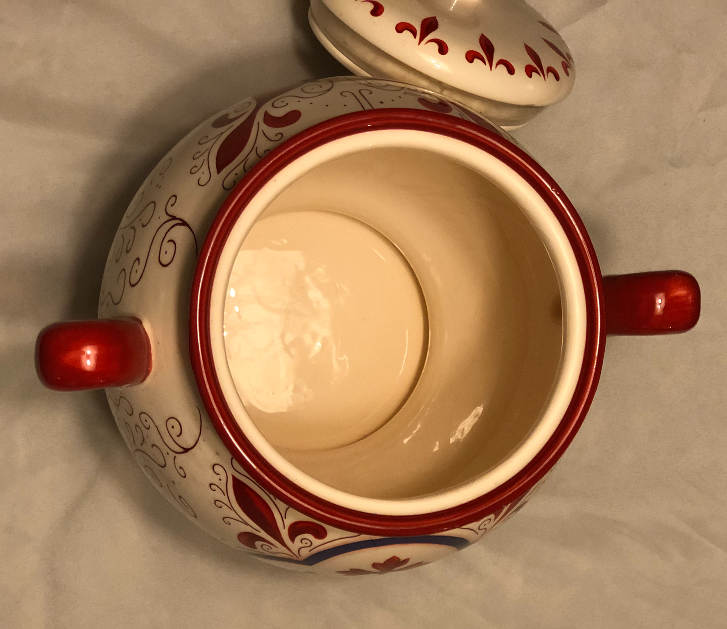 Decorative Red and White Colors Approximately 9” High Fleur de Lis Design Two (2) Side Handles Round Shape with Lid