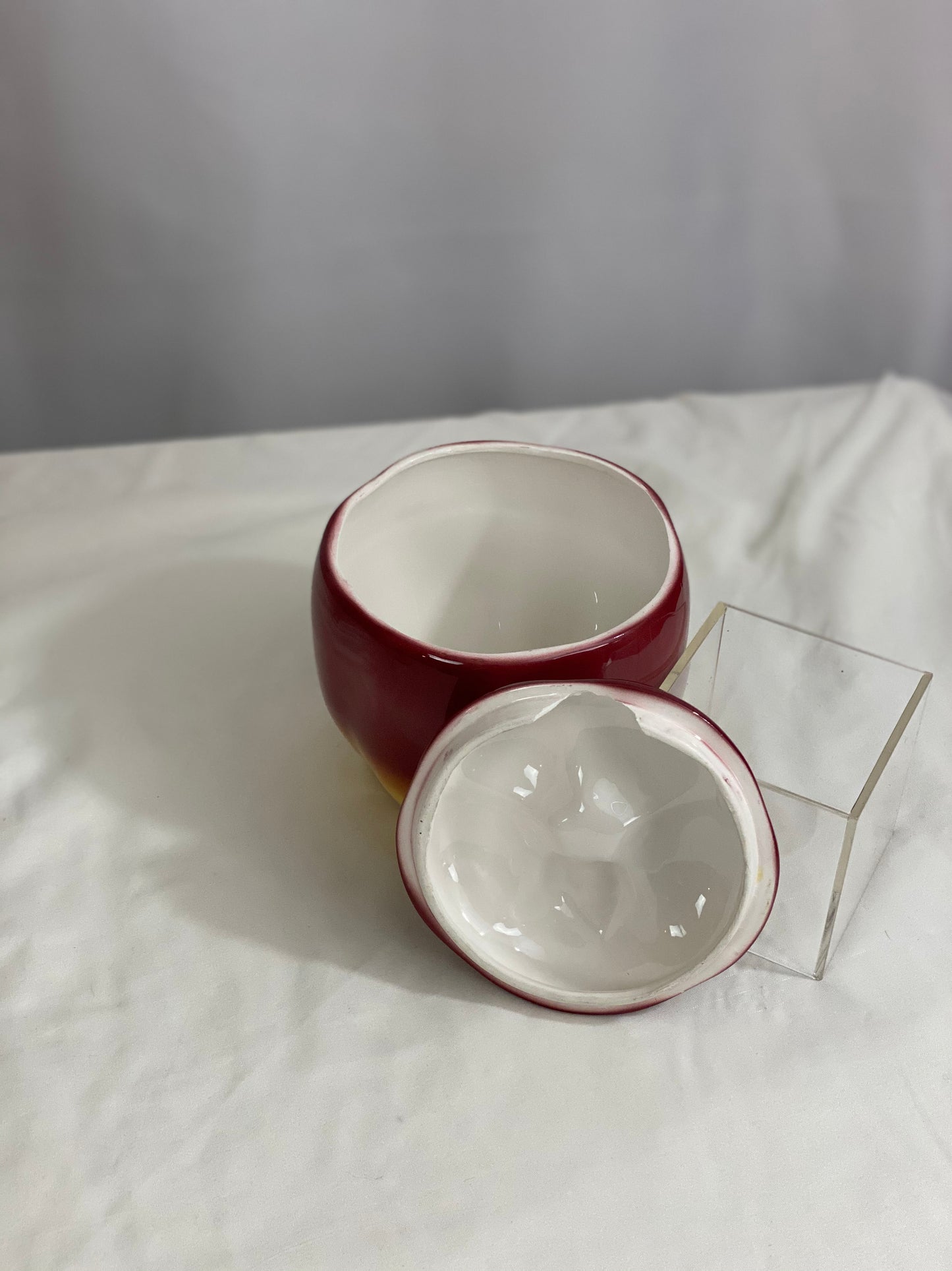 Red/Yellow Color Lower Dish Approx 4” H x 4 ¾ Diameter With Lid Approx 6” H
