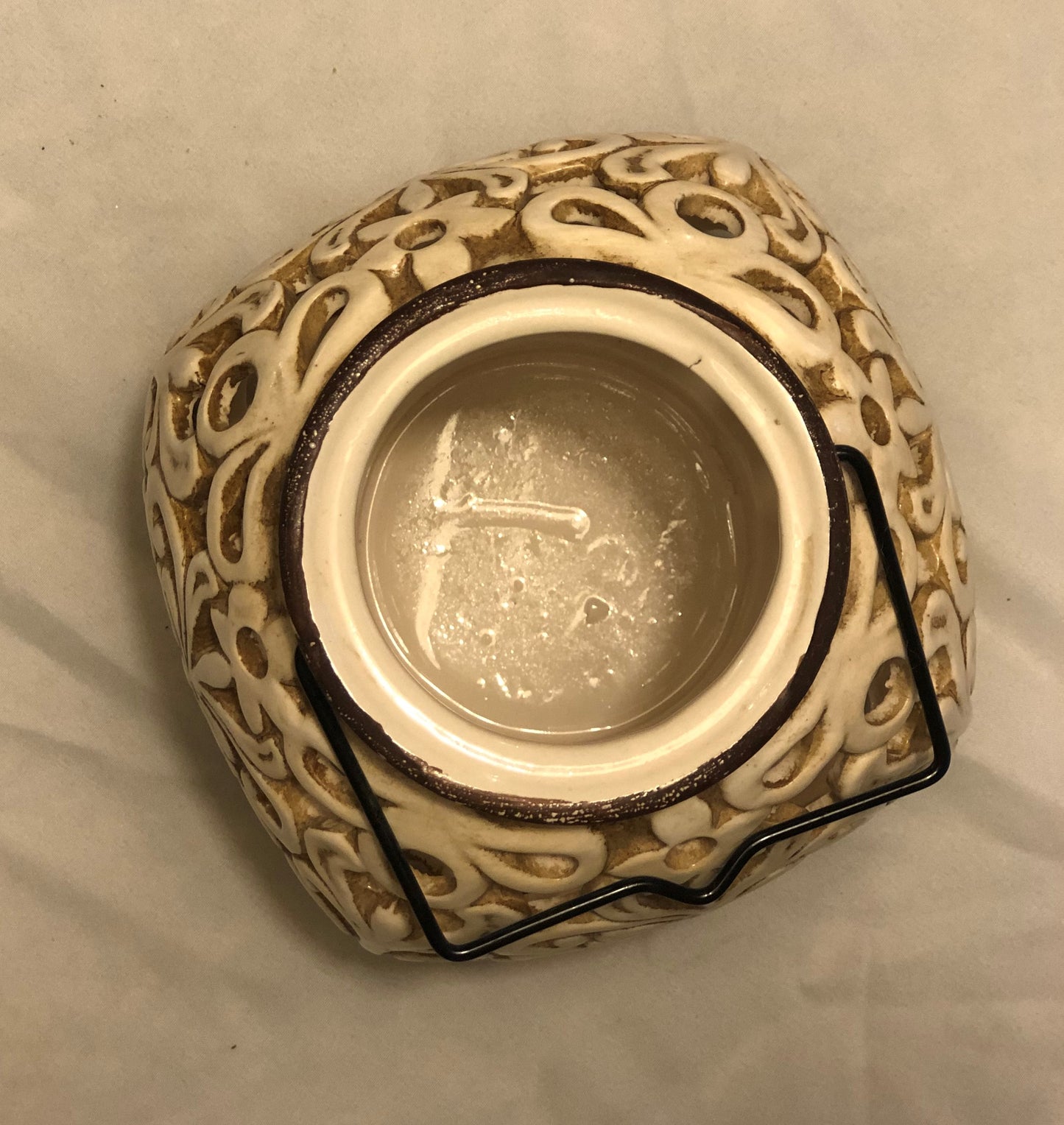 Ceramic Candle Holder with Wire Handle Swirl/Intricate Design Cream Color Approx: 6.5” H x 5” W