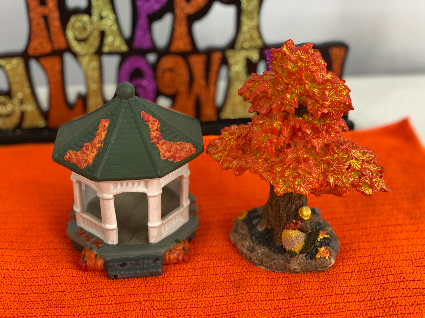 Gazebo Decorated for Autumn Approx 4.5 H x 3.5” W Autumn Tree Approx 6” H x 4,5” W