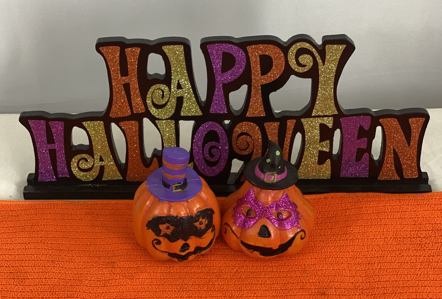 Good Condition Pair of Decorated Ceramic Pumpkins Approx. 4” H x 3” W