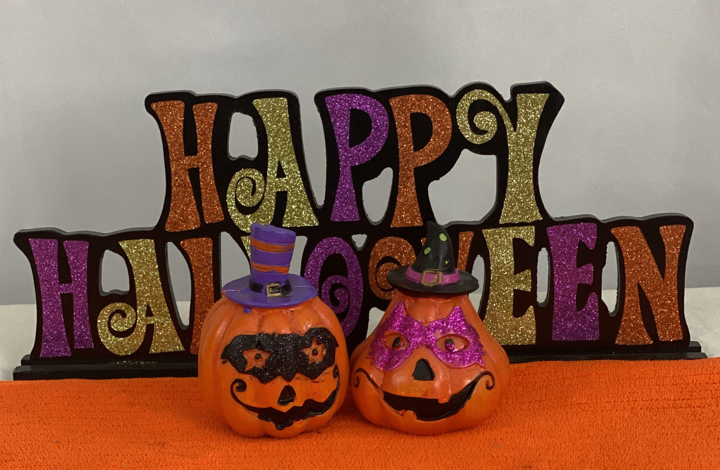 Good Condition Pair of Decorated Ceramic Pumpkins Approx. 4” H x 3” W