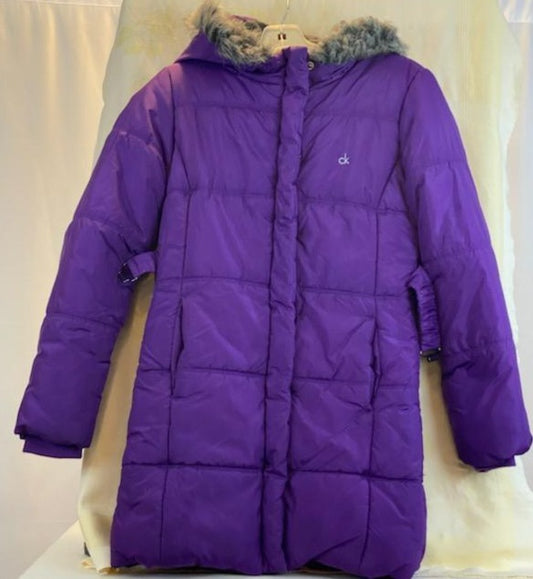 Deep Purple Coat Large (12-14) Attached Hood with Furry Trim Front Zipper and Snap Closures Two (2) Front Pockets Waist Belt with Hook Closure 30” Shoulder to Bottom 24” Sleeve Length 17” Across Chest