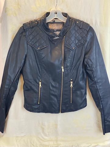 Leather-Like Black Jacket - Ci Sono by Cavalini Size Small Gold-Tone Zipper Front Closure Gold-Tone Zipper Two (2) Front Pockets Gold-Tone Zipper on Each Sleeve Gold-Tone Studs on Shoulders Quilted Trim on Shoulders and Back Skull Design on Lining 19” Shoulder to Bottom; .24” Sleeve; 17” Across Chest