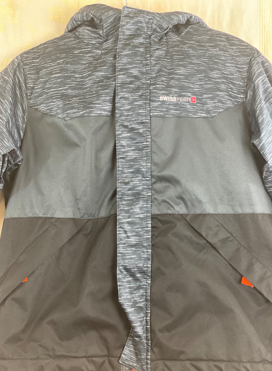 Pre-Owned - Excellent Condition Black Swiss Tech Boy’s Coat Size M/8 Orange Lining Attached Hood Zipper Front Closure Two (2) Zipper Front Pockets 22” Shoulder to Bottom; 19” Sleeve; 18 Across Chess