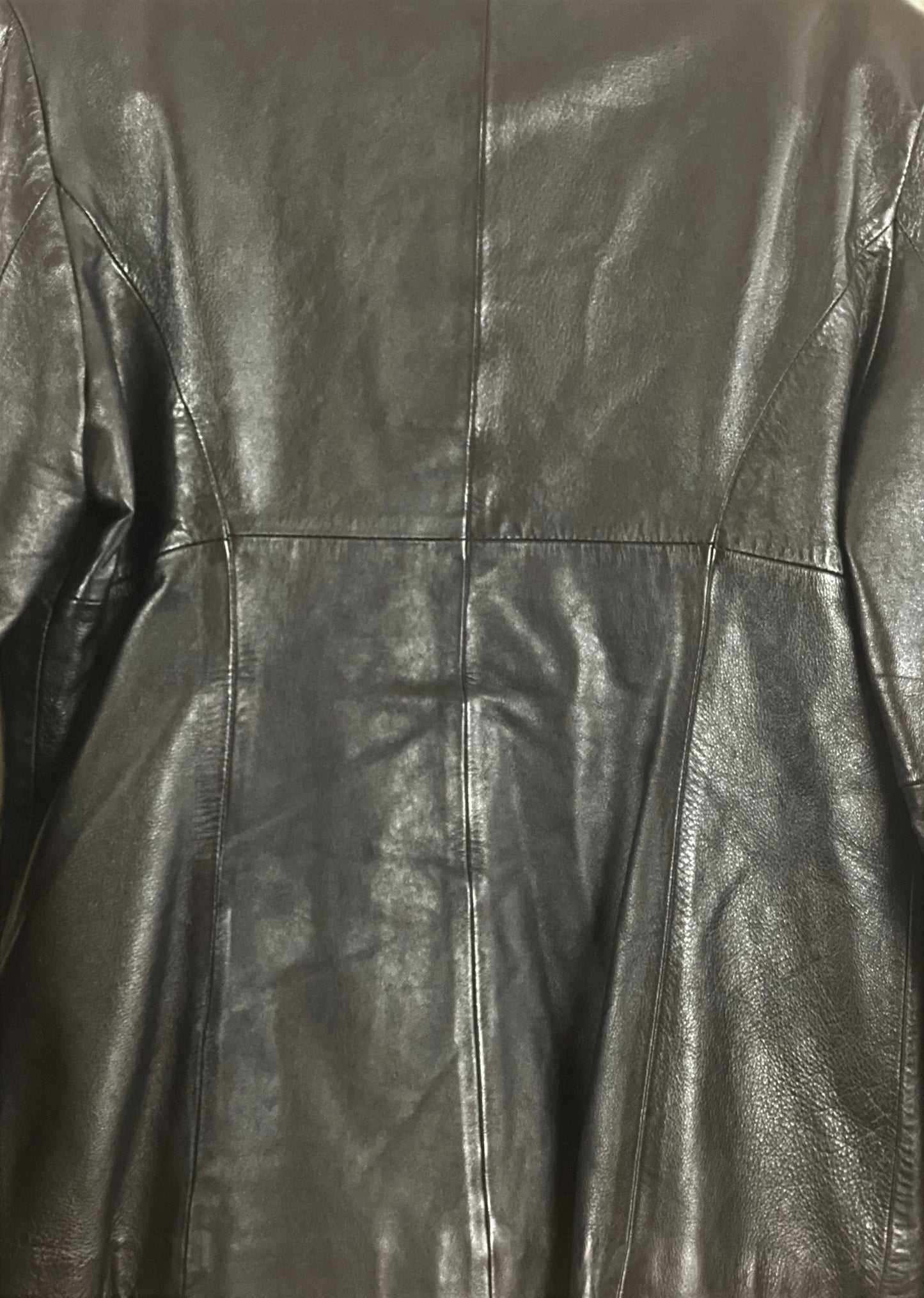 Pre-Owned - Excellent Condition Black - Soft Leather Medium Two (2) Front/side Pockets Zipper Front Closure 25” Shoulder to Bottom 24” Sleeve 18” Across Chest