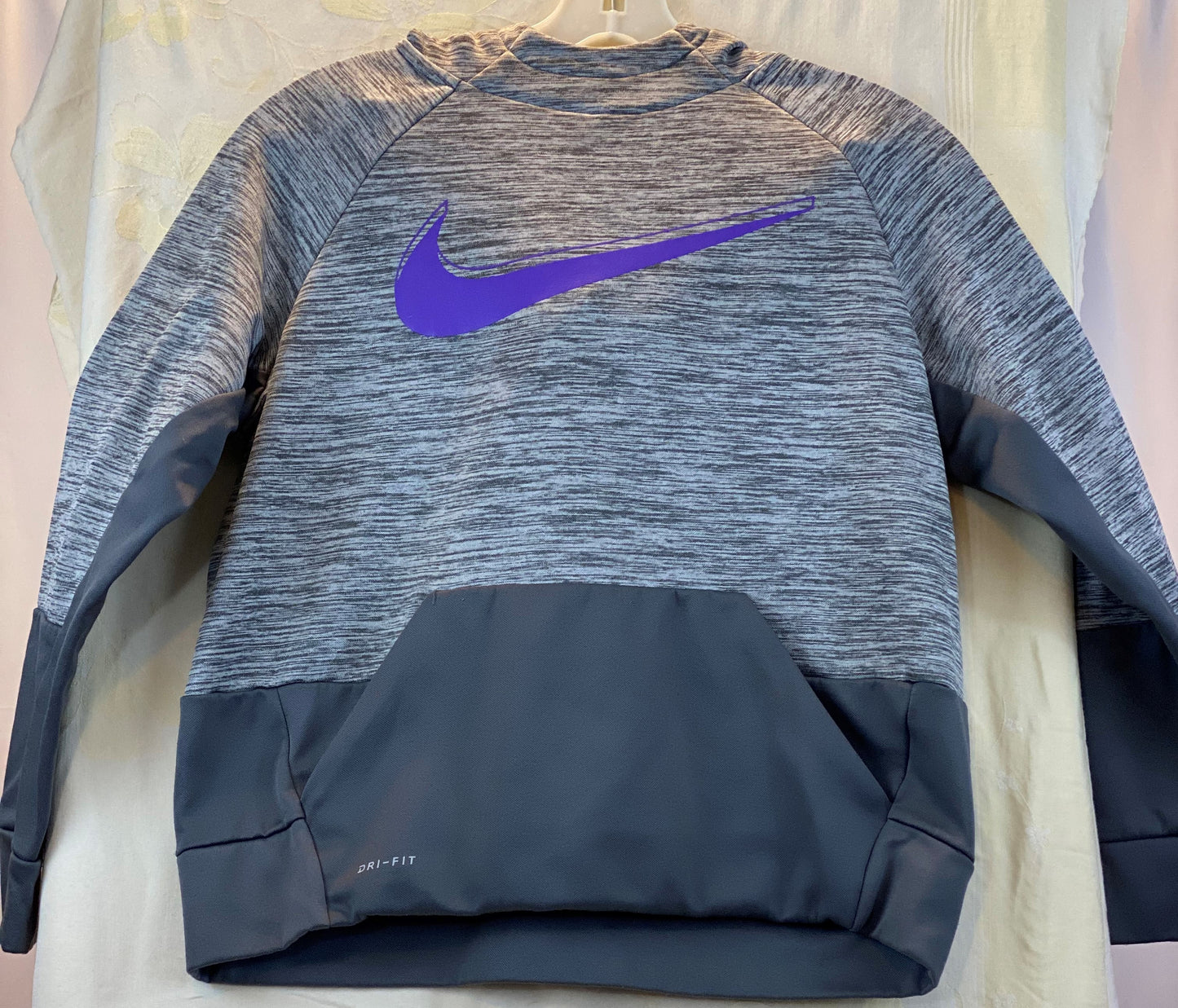 Pre-Owned - Excellent Condition Nike Dri-Fit Pullover Hoodie Large Grey With Purple Nike Logo 22” Shoulder to Bottom; 23” Sleeve; 18” Across Chest