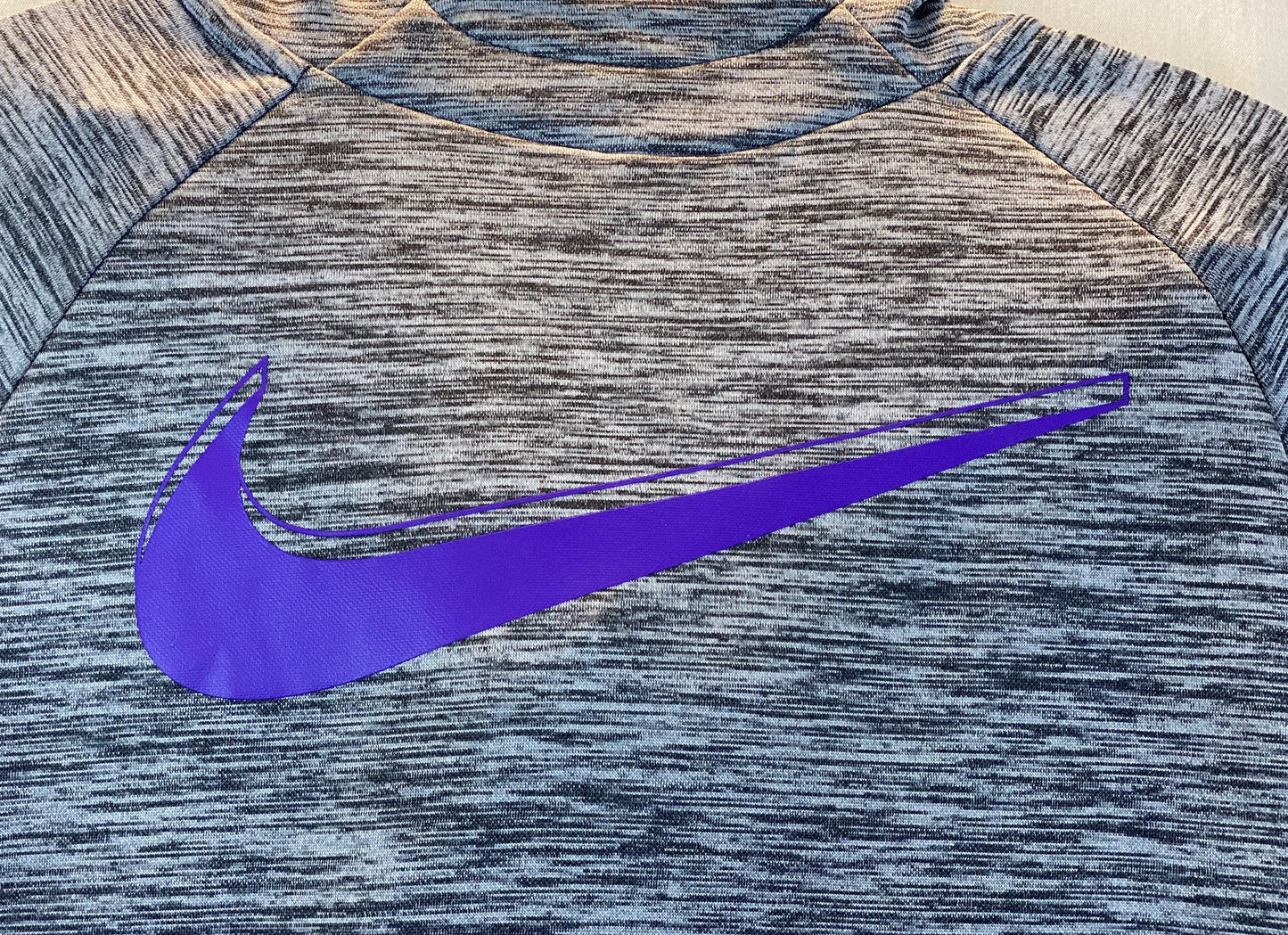 Pre-Owned - Excellent Condition Nike Dri-Fit Pullover Hoodie Large Grey With Purple Nike Logo 22” Shoulder to Bottom; 23” Sleeve; 18” Across Chest