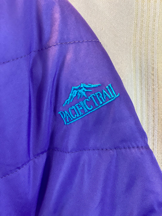 Pre-Owned - Excellent Condition Girl’s Coat - Size 4-T Purple & Aqua Color Attached Hood Two (2) Front Pockets 16” Shoulder to Bottom; 14” Sleeve; 13’ Across Chest 100% Polyester