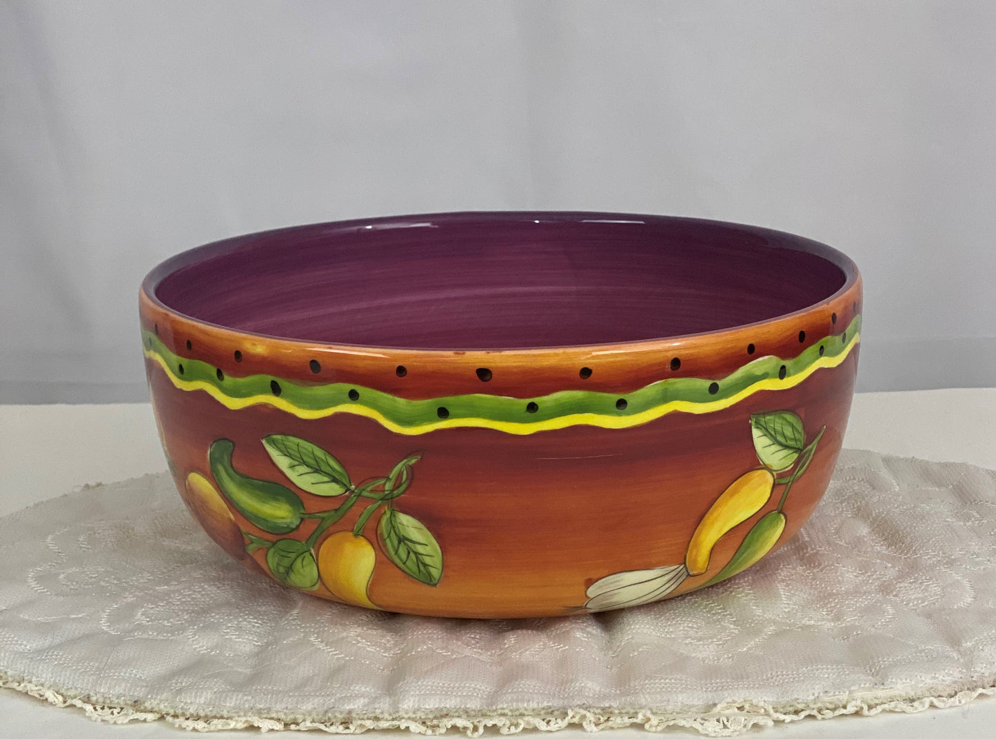 Medium/Large Serving Bowl Jalapeno Pepper Design Reddish Interior Stoneware/Ceramic Approx. 10” Diameter x 4” Deep Microwave and Dishwasher Safe
