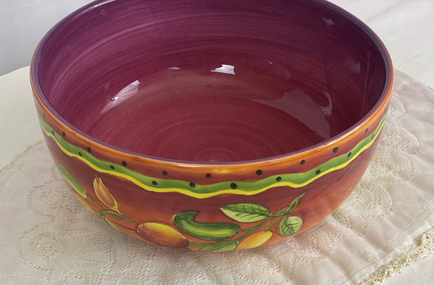 Medium/Large Serving Bowl Jalapeno Pepper Design Reddish Interior Stoneware/Ceramic Approx. 10” Diameter x 4” Deep Microwave and Dishwasher Safe