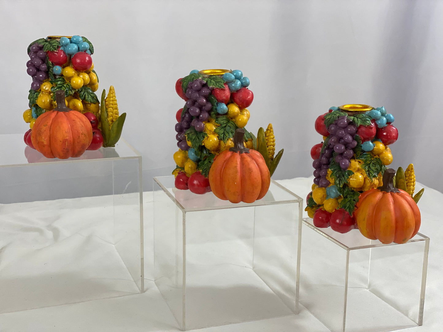 3-Piece Candlestick Holder Set Fruit & Vegetable Design Stoneware Approx 4 ½” L x 4” H