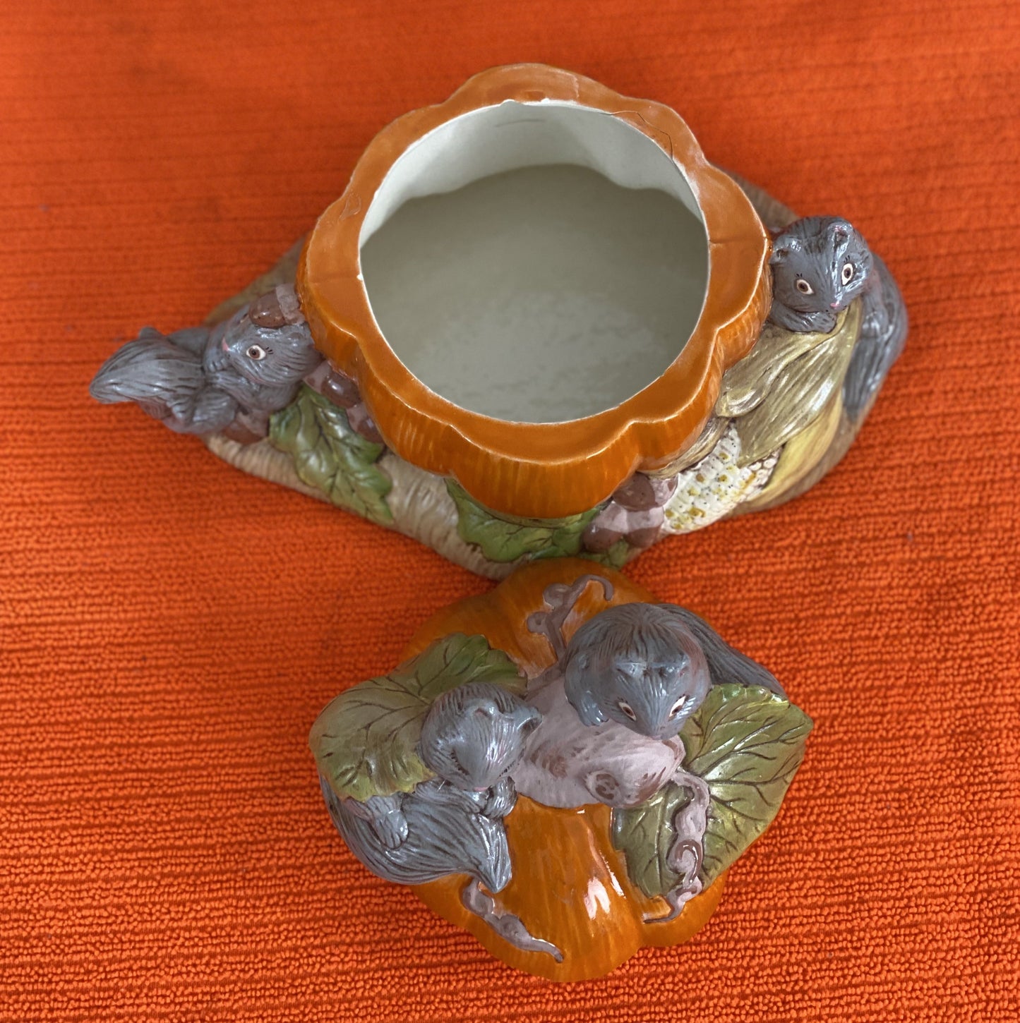 Good Condition - Some damage on bottom rim of Pumpkin - not visible when top is in place Approximate 7” H x 9” W