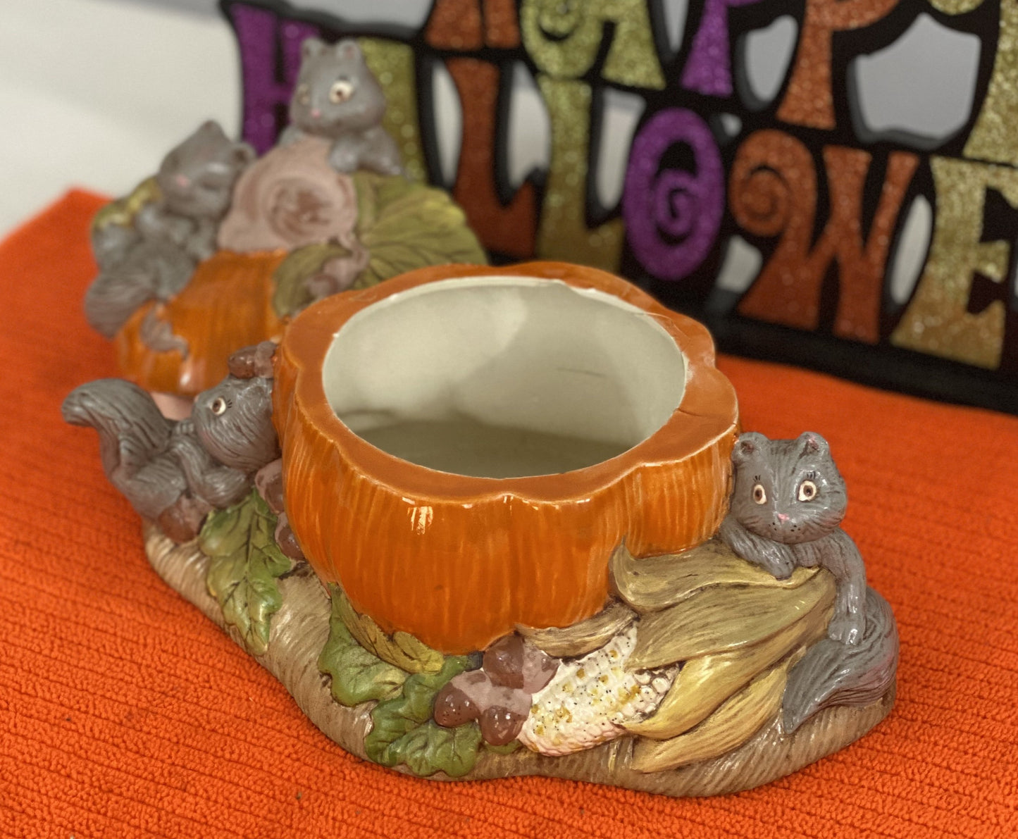 Good Condition - Some damage on bottom rim of Pumpkin - not visible when top is in place Approximate 7” H x 9” W