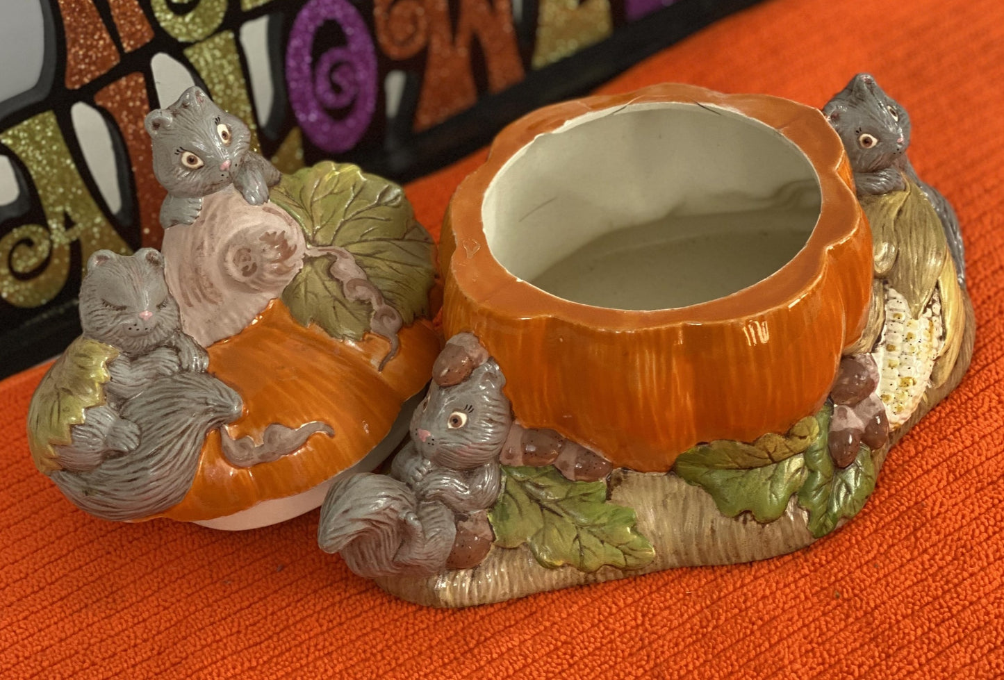 Good Condition - Some damage on bottom rim of Pumpkin - not visible when top is in place Approximate 7” H x 9” W