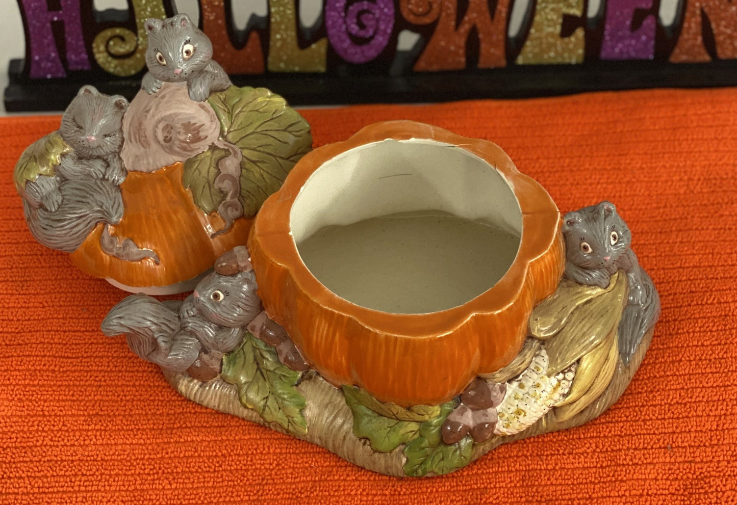 Good Condition - Some damage on bottom rim of Pumpkin - not visible when top is in place Approximate 7” H x 9” W