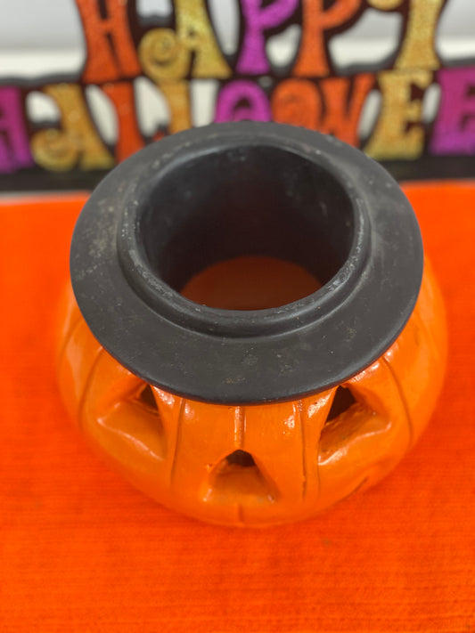 Orange Pumpkin with Black Hat Made of Stone Approx. 7.5” H x 6.5” W Opening for Candle