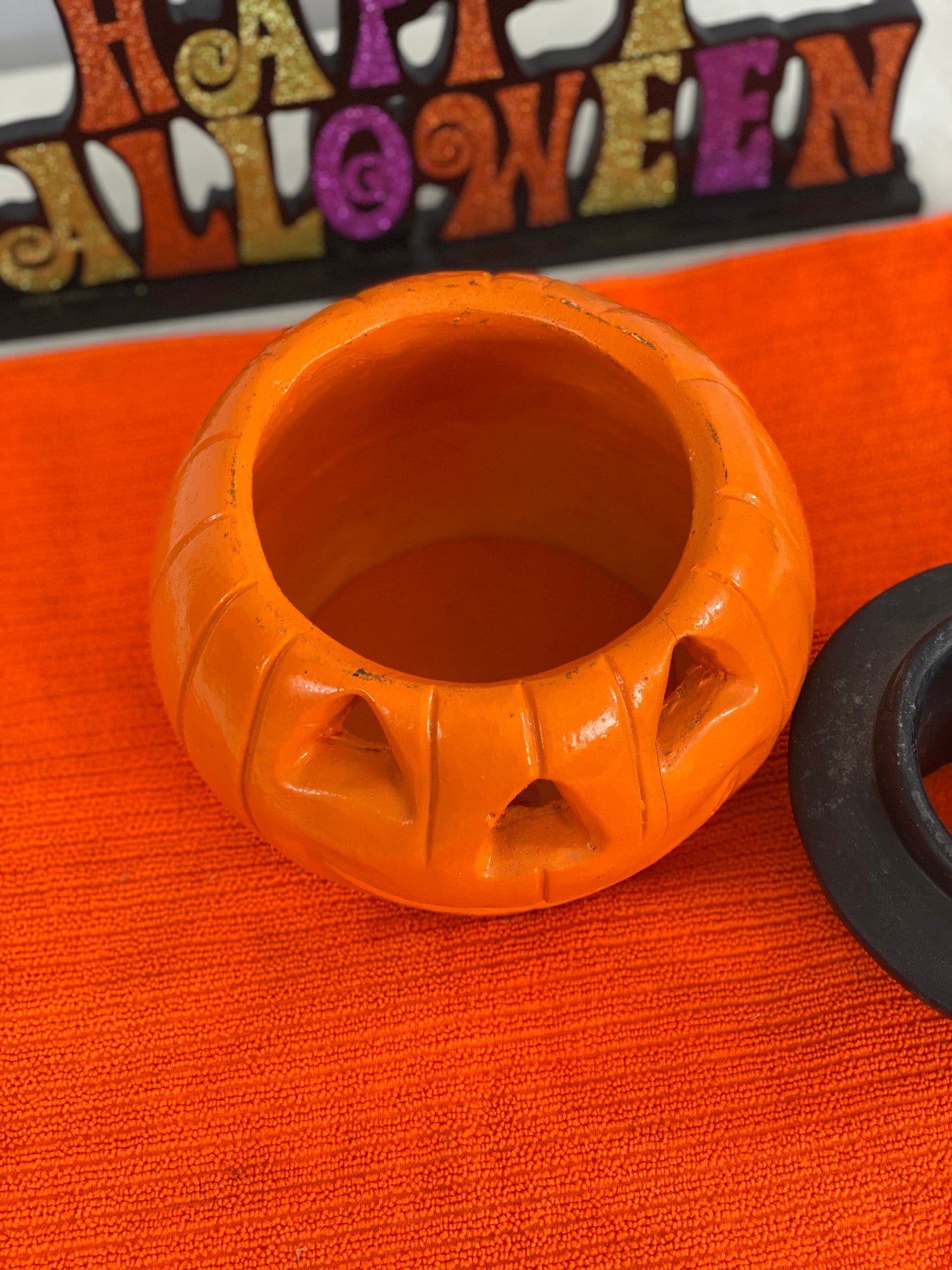 Orange Pumpkin with Black Hat Made of Stone Approx. 7.5” H x 6.5” W Opening for Candle