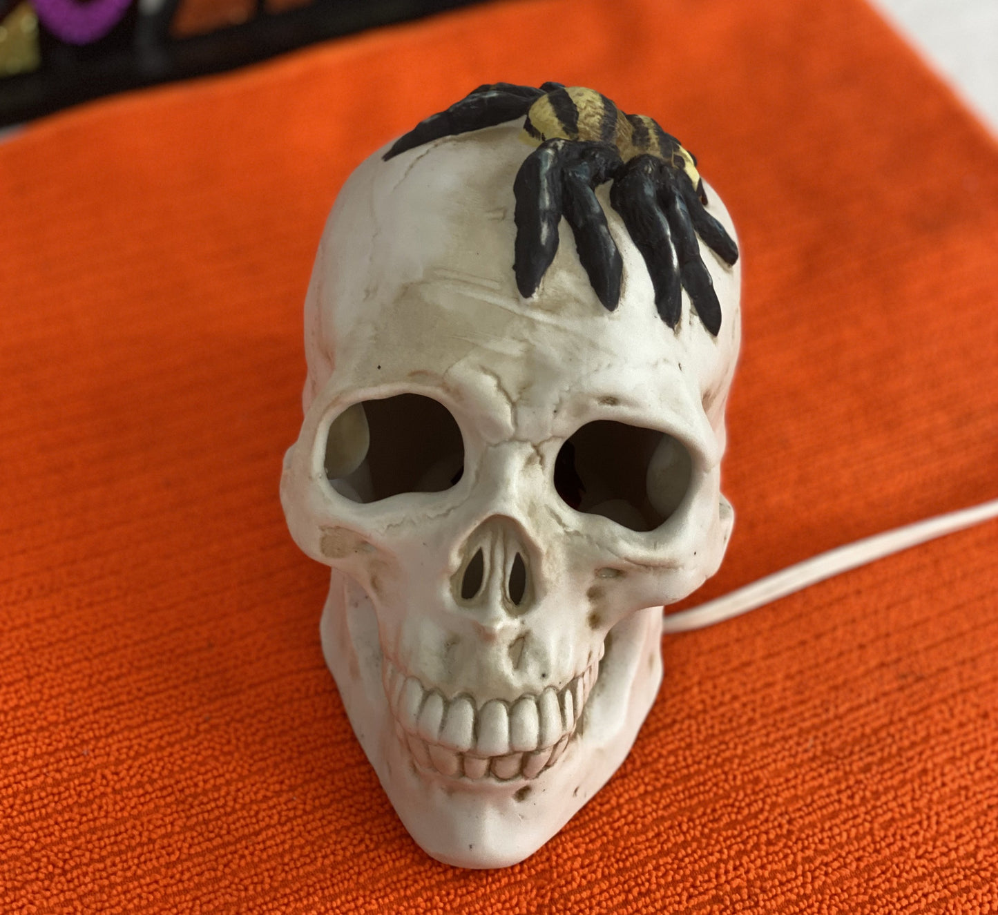 Seasonal-Halloween Ceramic Skull with Spider on Top of Skull Electric-Illumination Approx 5” H x 3.5 Wide Made in Taiwan