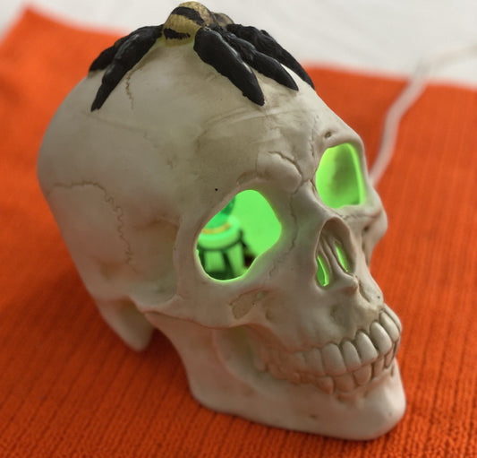 Seasonal-Halloween Ceramic Skull with Spider on Top of Skull Electric-Illumination Approx 5” H x 3.5 Wide Made in Taiwan