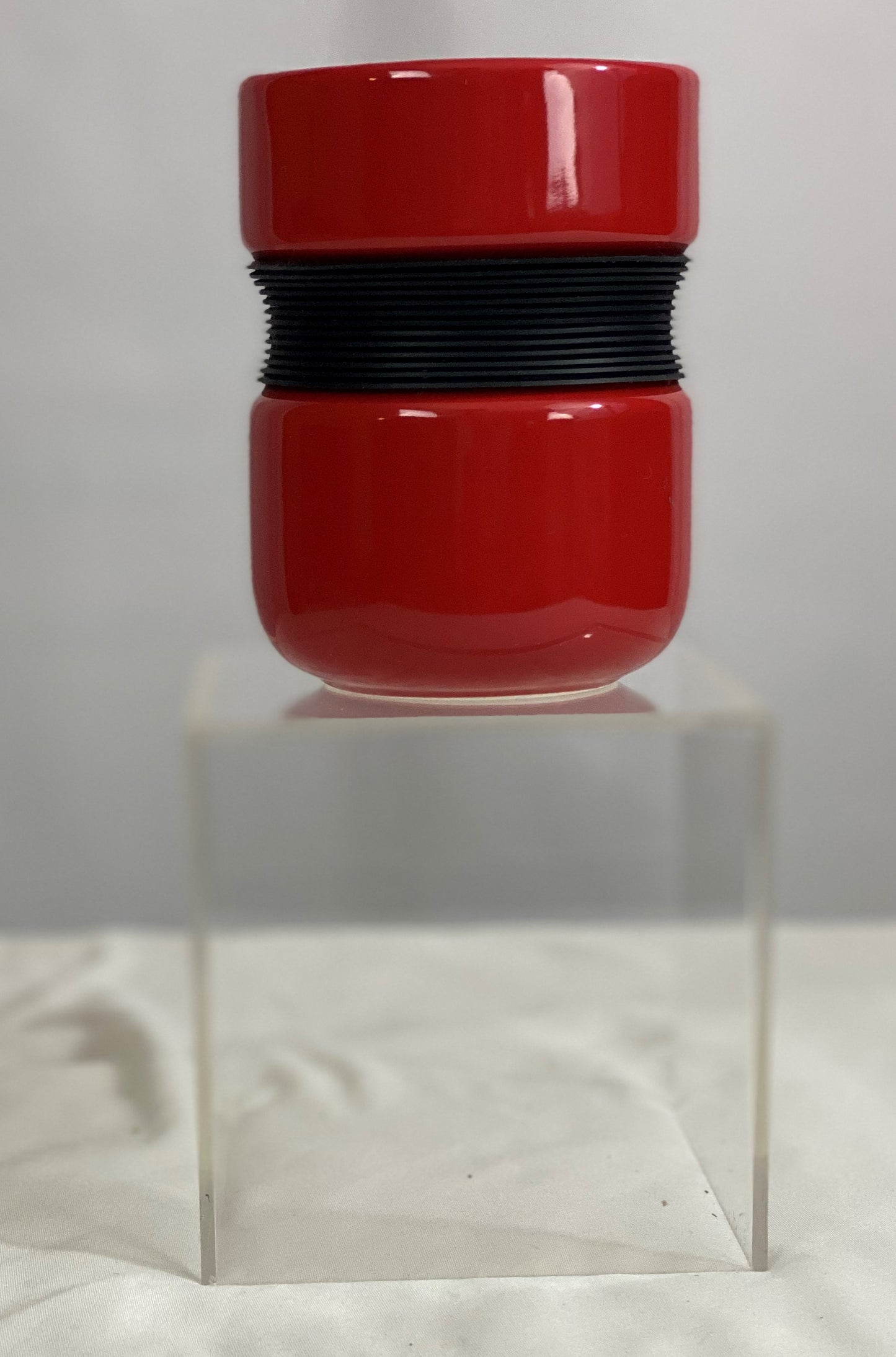 Asian Style Red Ceramic Mug Silicone Grip in Middle Approx 4 ½ “ H x 3 ¼ Diameter