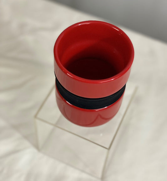 Asian Style Red Ceramic Mug Silicone Grip in Middle Approx 4 ½ “ H x 3 ¼ Diameter