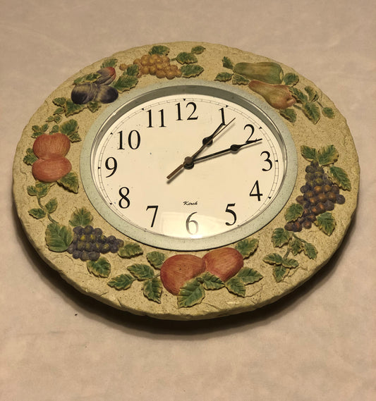 Round Kitchen Clock Cream Color with Multi-Fruit & Leaf Design Made of Resin Approx: 12” Diameter Plastic Dial Face AA Battery Operated