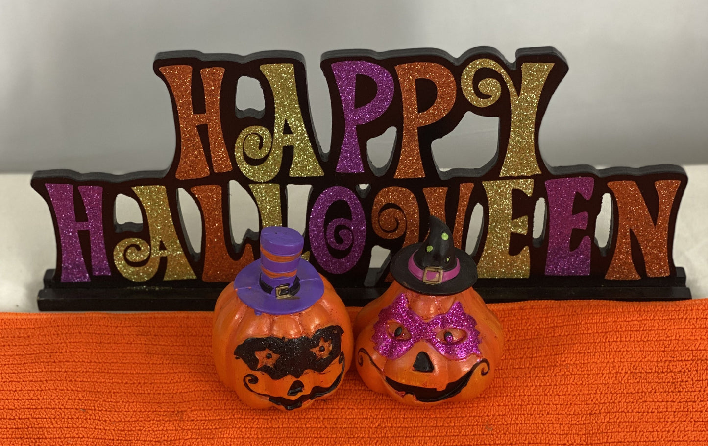 Good Condition Pair of Decorated Ceramic Pumpkins Approx. 4” H x 3” W