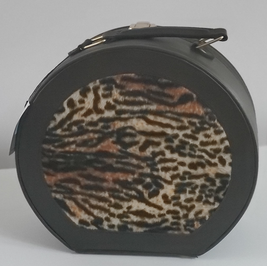 Leather Cosmetic Bag with Leopard Accent On Top and Bottom Leather Handle for Carrying Gold-Tone Clasp for Secure Closure Approx Size: 11” W x 10” H x 5” D Round Shape