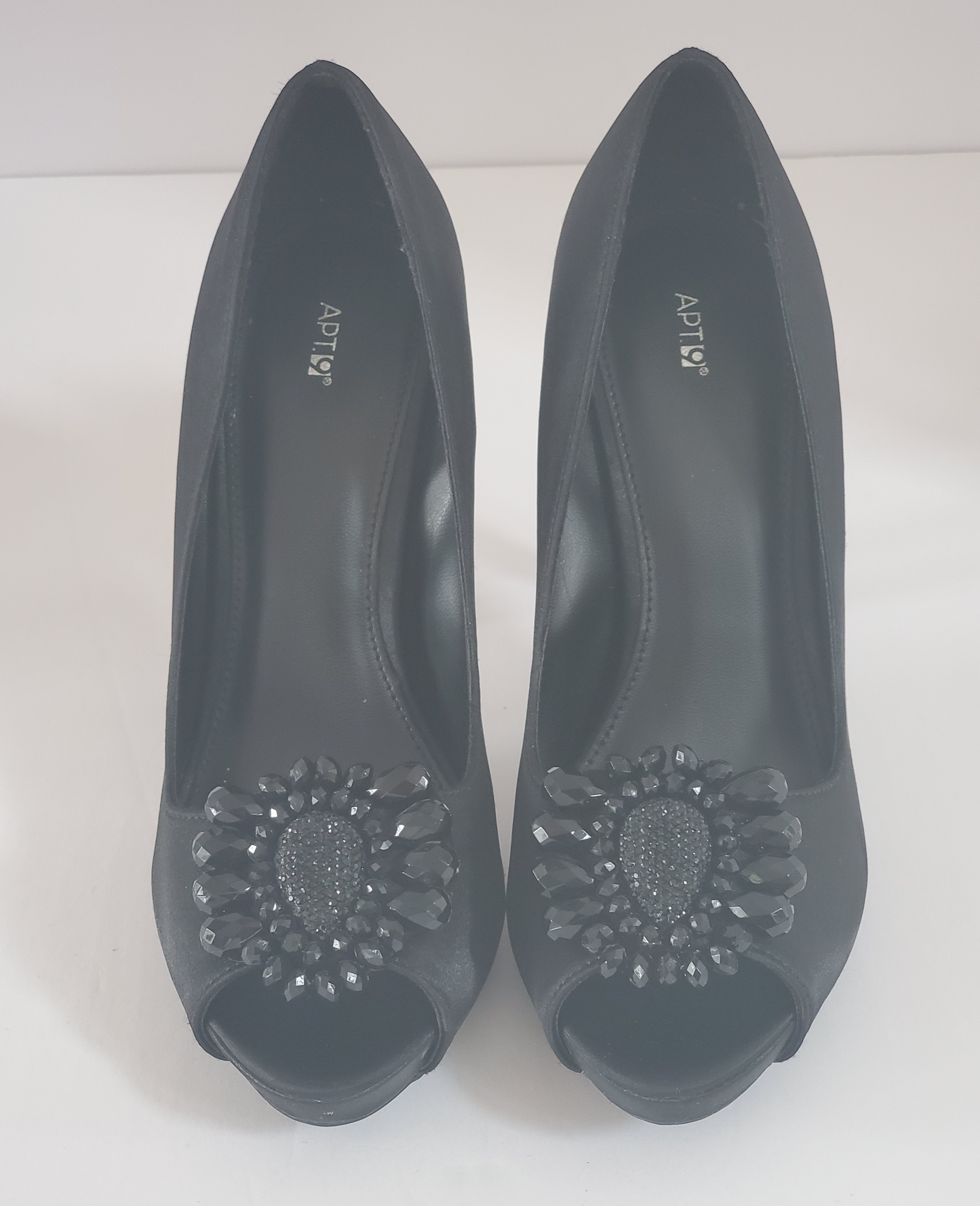 New - Excellent Condition Black Satin Heels Size 8.5 Approx 4.5” Heel Open Toe Accented with Beads at Toe of Shoe