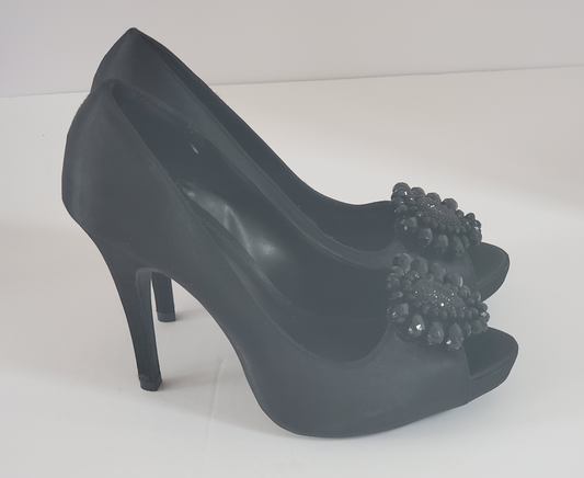 New - Excellent Condition Black Satin Heels Size 8.5 Approx 4.5” Heel Open Toe Accented with Beads at Toe of Shoe