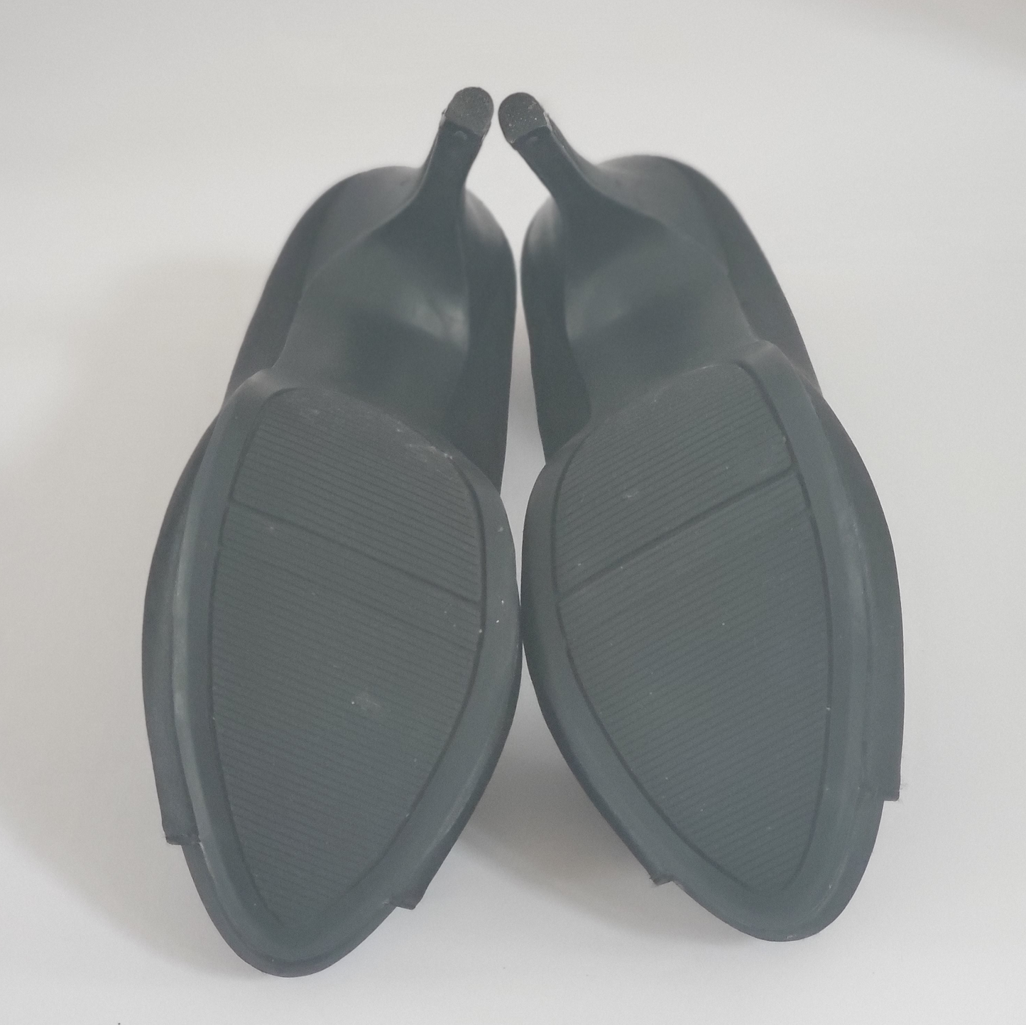 New - Excellent Condition Black Satin Heels Size 8.5 Approx 4.5” Heel Open Toe Accented with Beads at Toe of Shoe