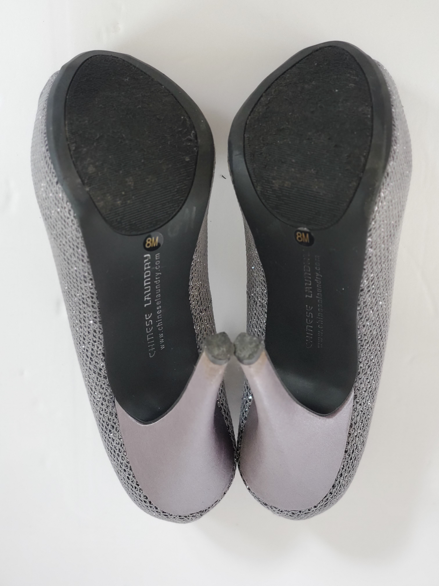 New - Excellent Condition Size 8M Grey Sparkle Upper Satin 5” Heels Leather Soles Open Toe