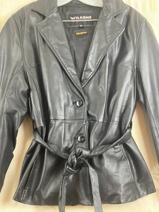 Pre-Owned - Excellent Condition Soft-Leather Coat Size Large Two (2) Button & Belt Front Closure Removable Lining Two (2) Front/Side Pockets 25” Shoulder to Bottom; 23” Sleeve; 22” Across Chest