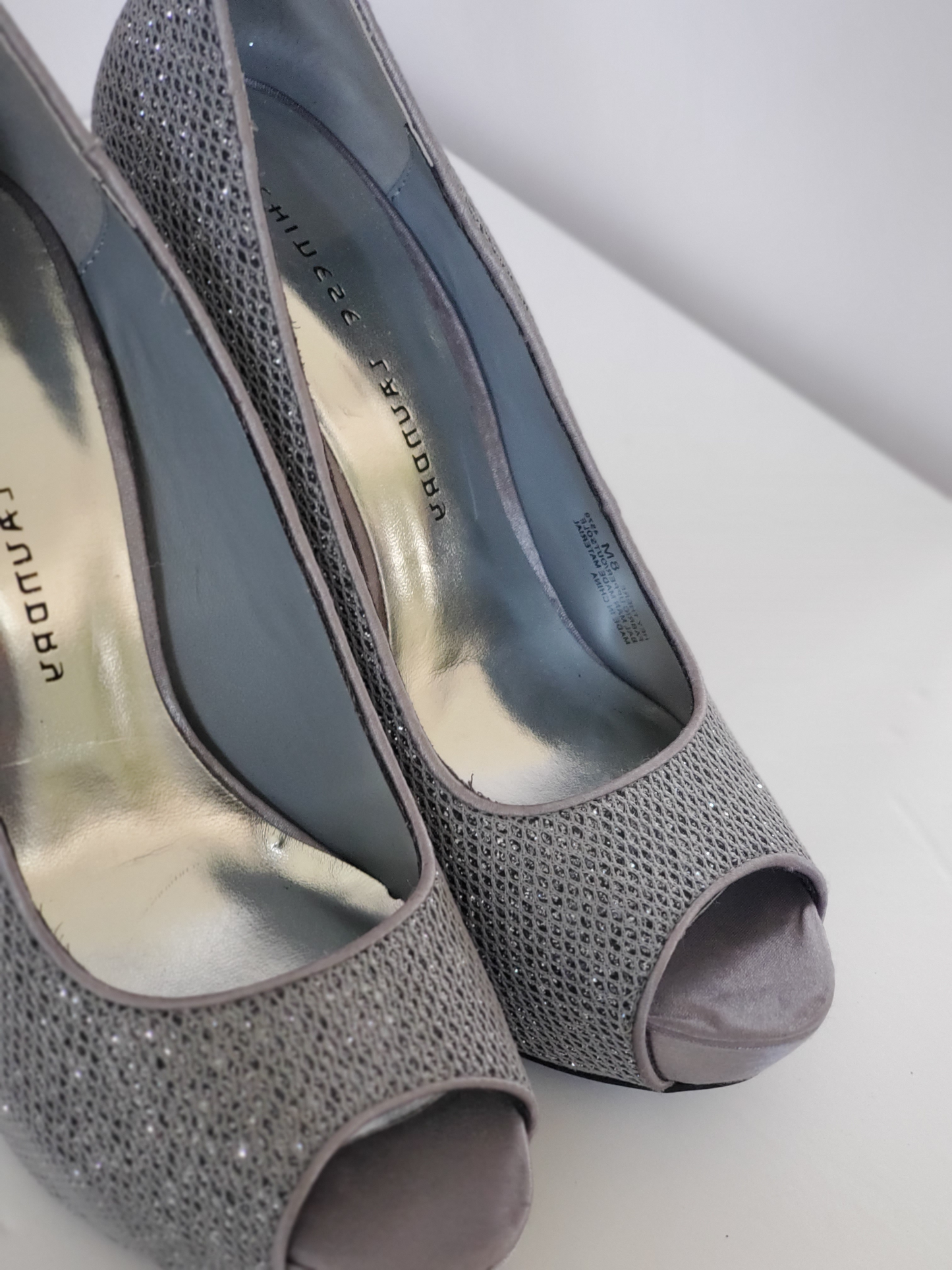 New - Excellent Condition Size 8M Grey Sparkle Upper Satin 5” Heels Leather Soles Open Toe