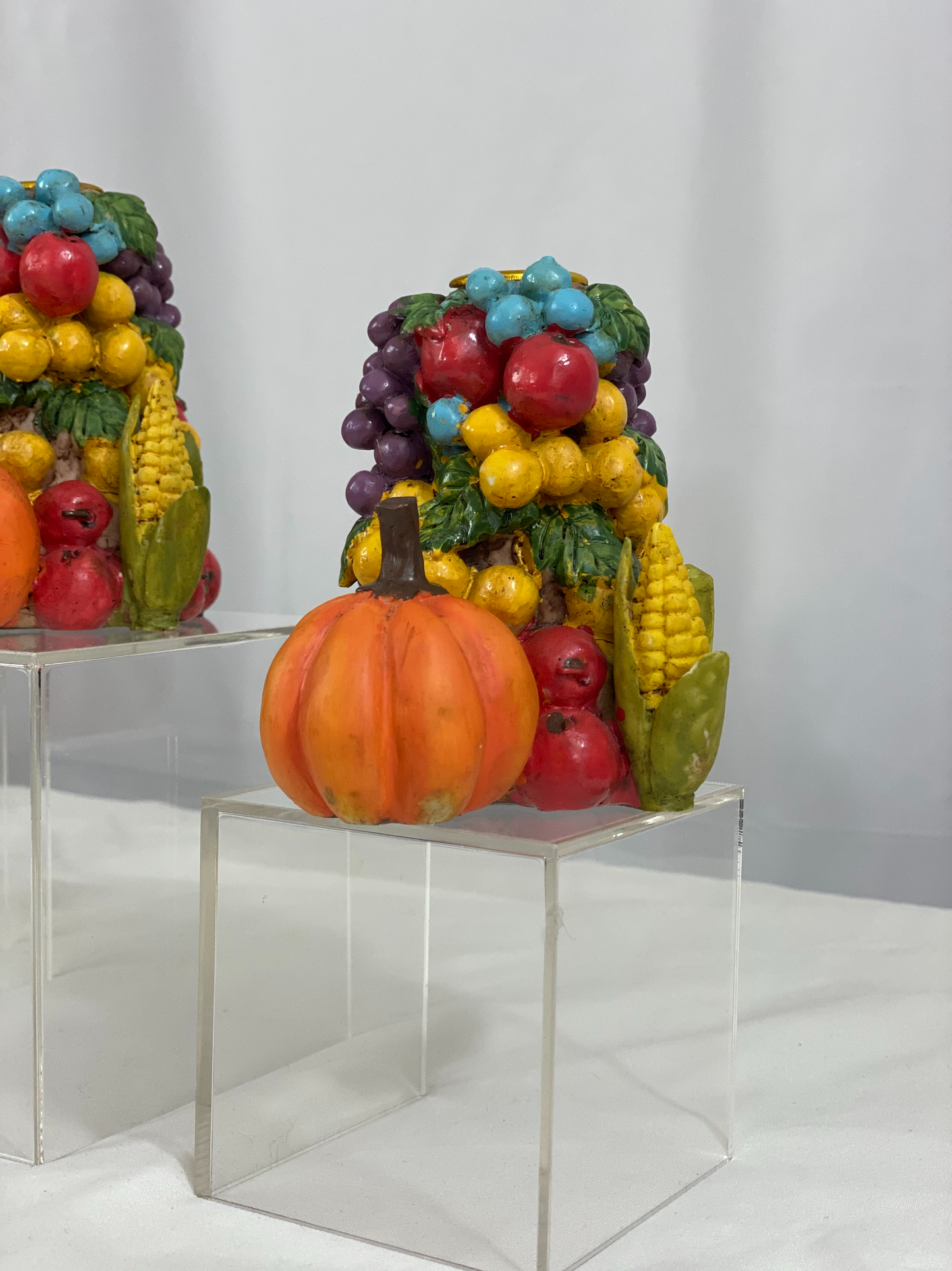 3-Piece Candlestick Holder Set Fruit & Vegetable Design Stoneware Approx 4 ½” L x 4” H