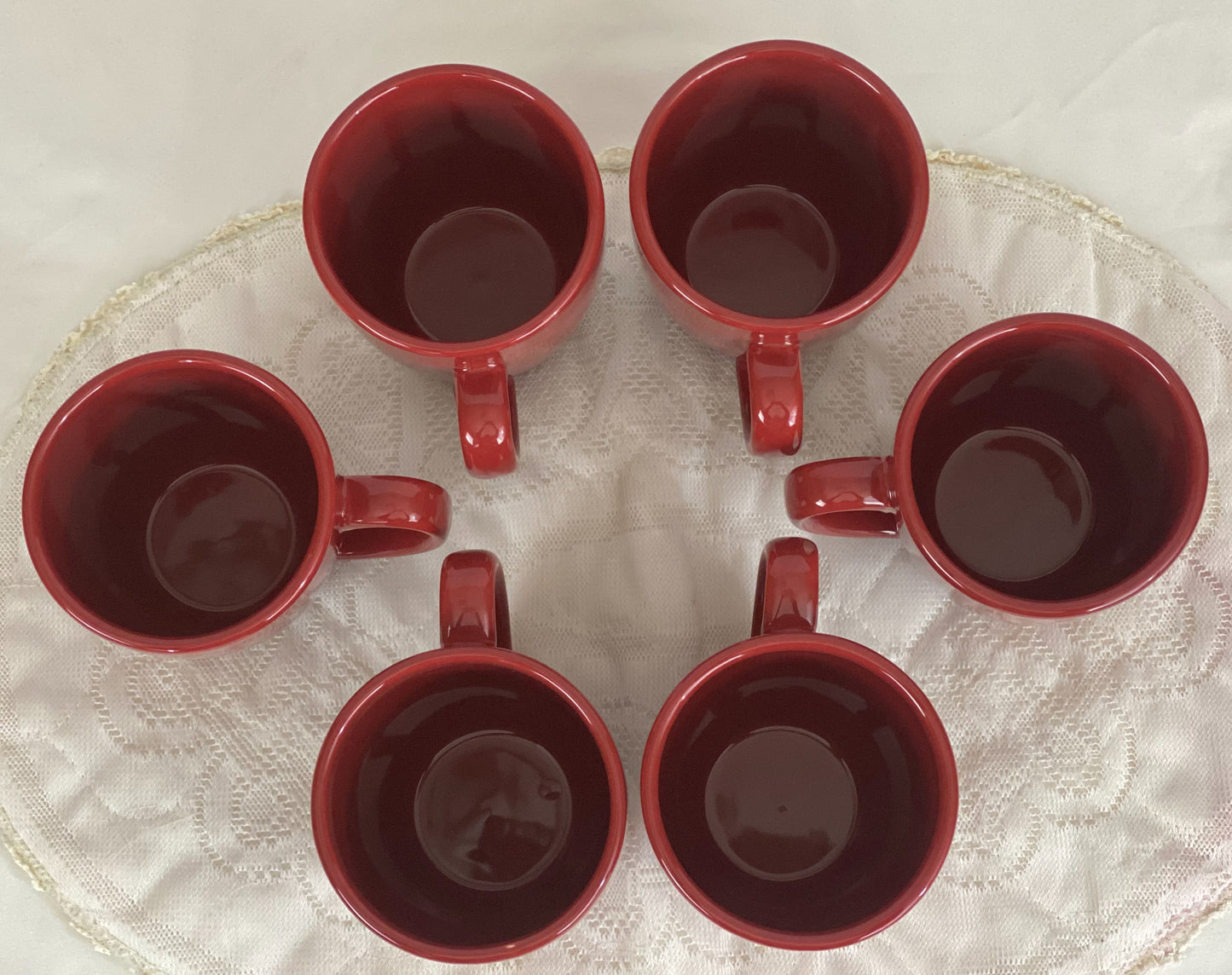 Set of Six (6) Cups/Mugs Corelle Coordinates Stoneware - Red/Rust Color Approx 4” H x 3 ¼ Diameter