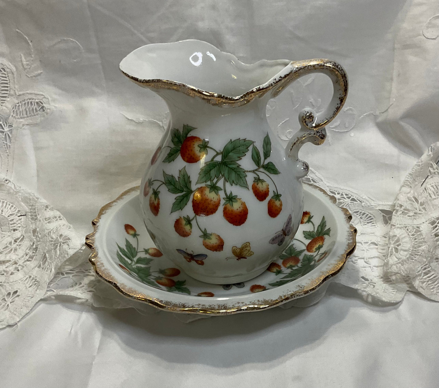 Pitcher and Saucer - Strawberry Pattern