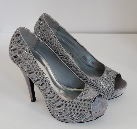 New - Excellent Condition   Size 8M  Grey Sparkle Upper  Satin 5” Heels  Leather Soles  Open Toe