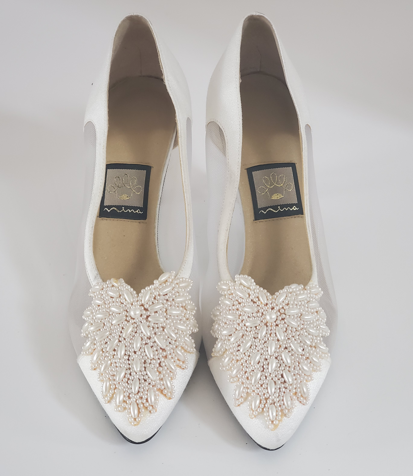 Nina Dress Shoe - New/Never Worn  Size 8.5 Medium  Off-White/Cream Satin  Mesh/Satin Sides  Intricate Beading Detail on Top  Approx 2 ¾ Heel
