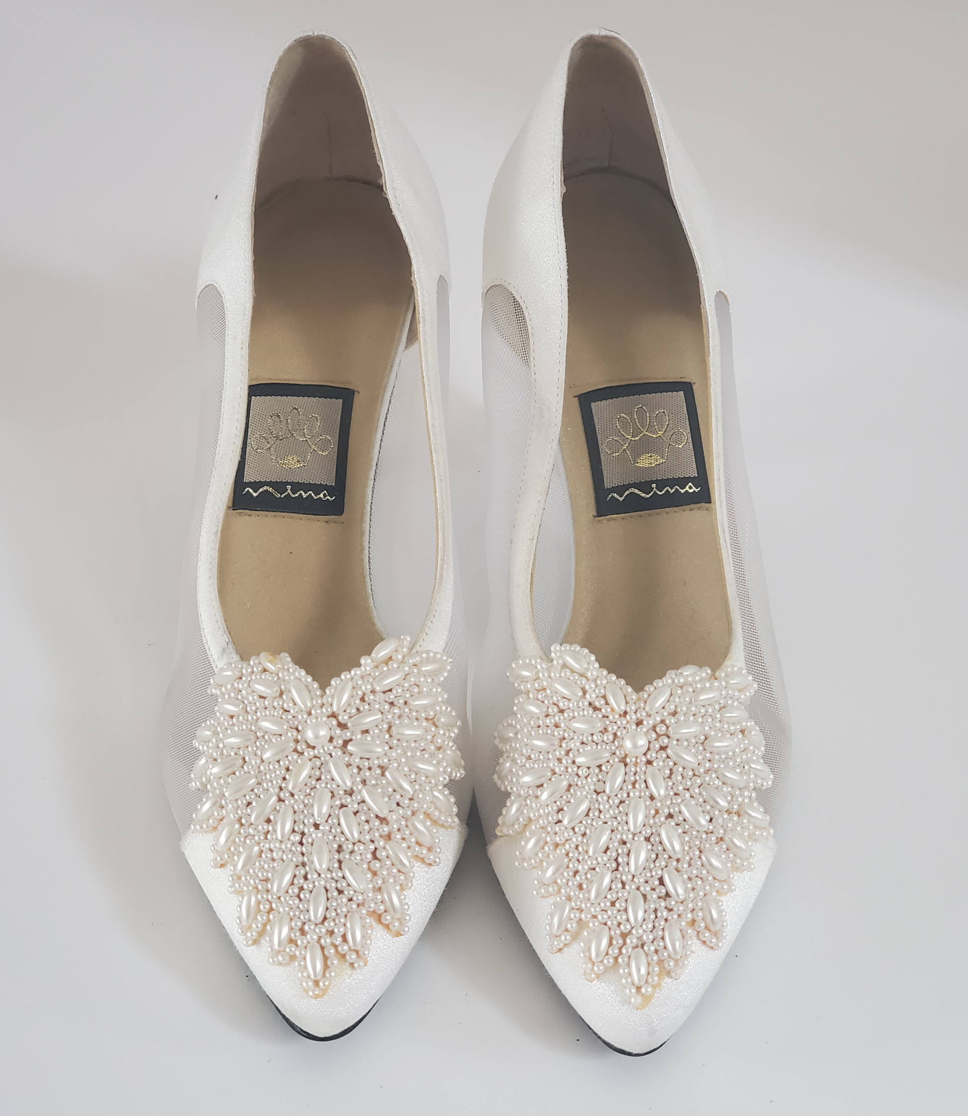 Nina Dress Shoe - New/Never Worn  Size 8.5 Medium  Off-White/Cream Satin  Mesh/Satin Sides  Intricate Beading Detail on Top  Approx 2 ¾ Heel